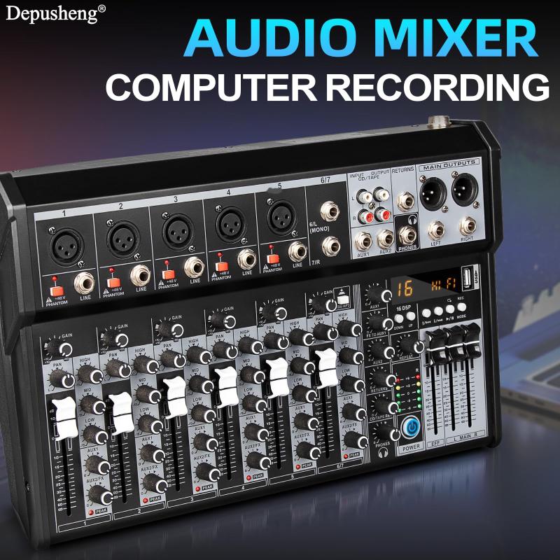 Mixer de áudio Depusheng XT7 de 7 canais com Bluetooth +48V